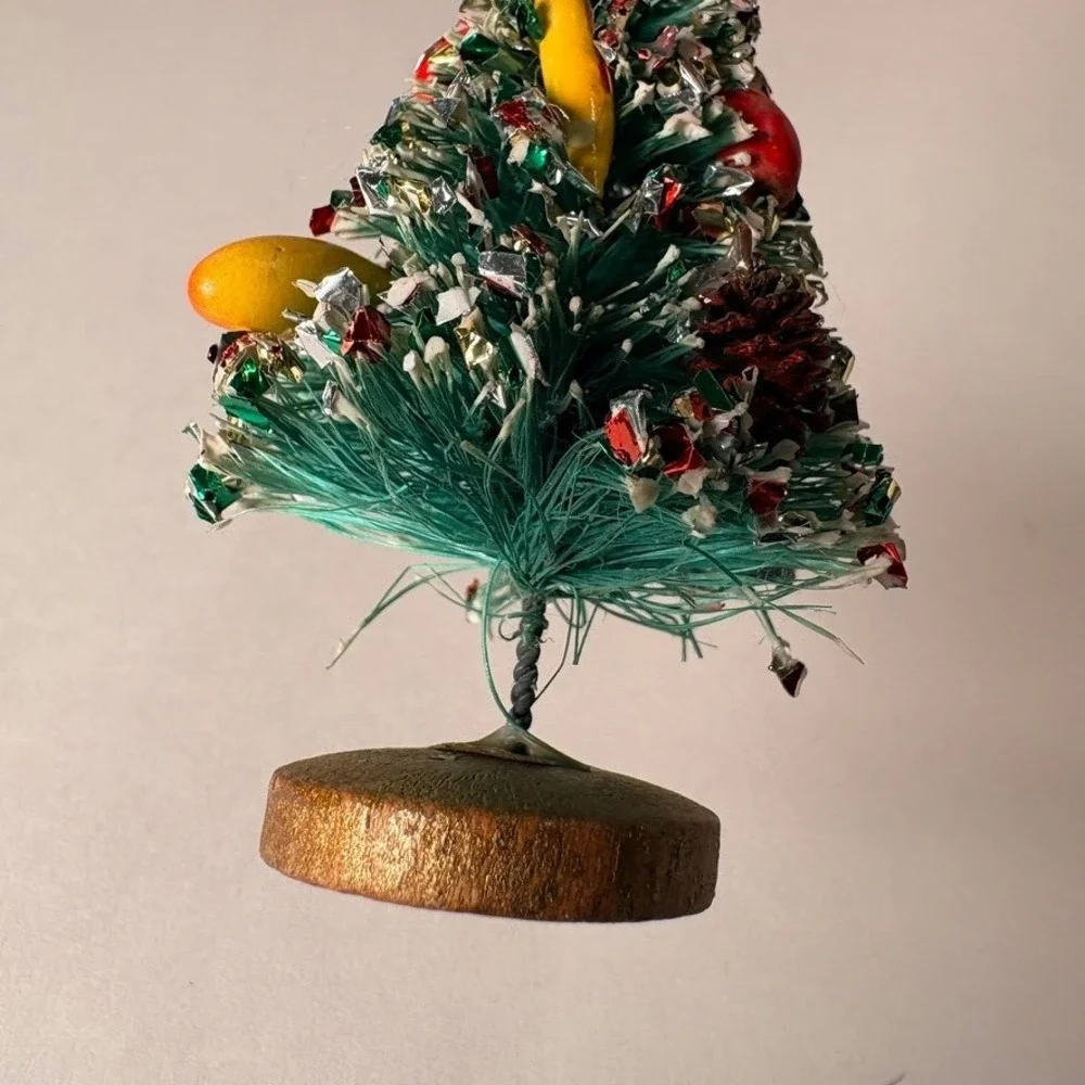 Vintage MCM Christmas Tree Bottle Brush Fruit Pinecone Miniature Wood Base 3.75
